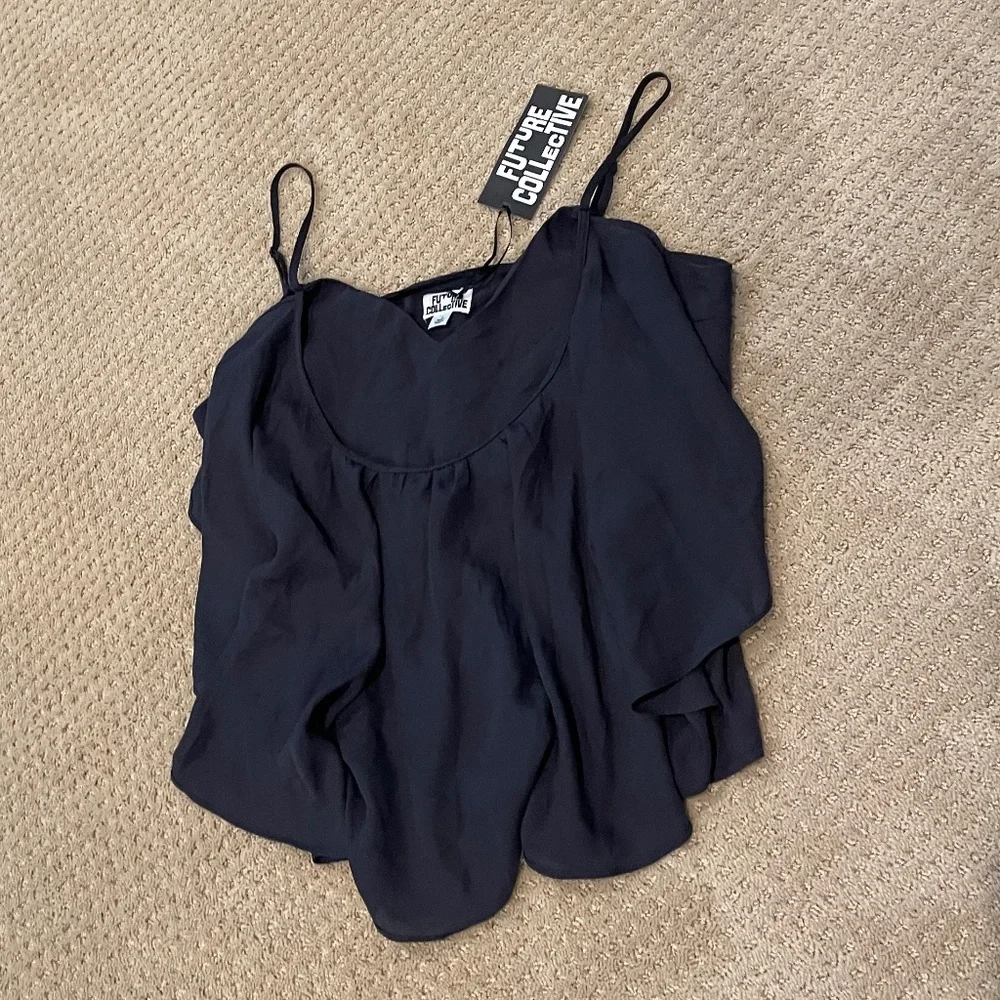 NWT Future Collective Black Ruffle Cami Tank Top Size Large